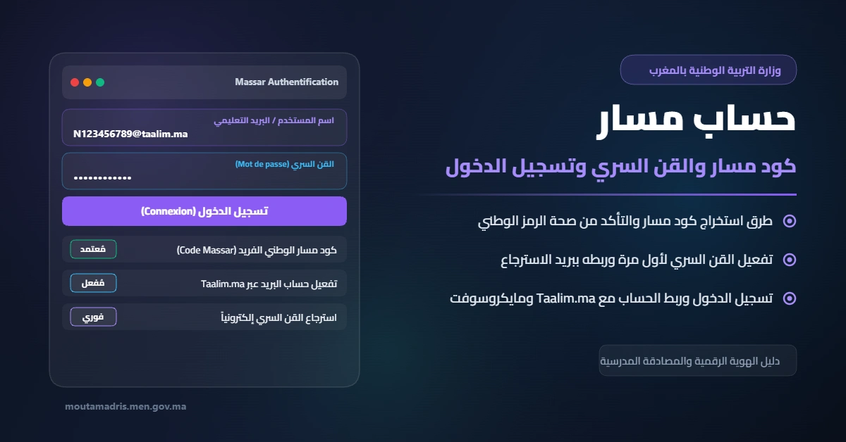حساب مسار: كود مسار والرقم السري وتسجيل الدخول massar authentification