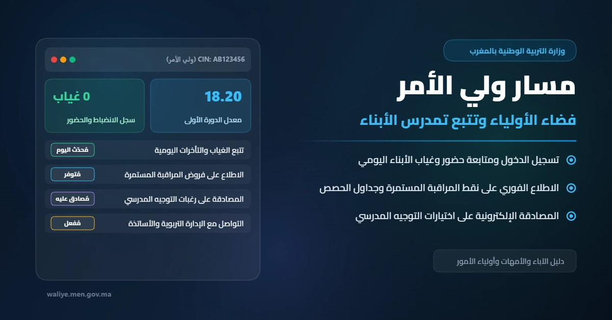 Massar Waliye مسار ولي الأمر: تسجيل الدخول وتتبع نقط وغياب التلميذ